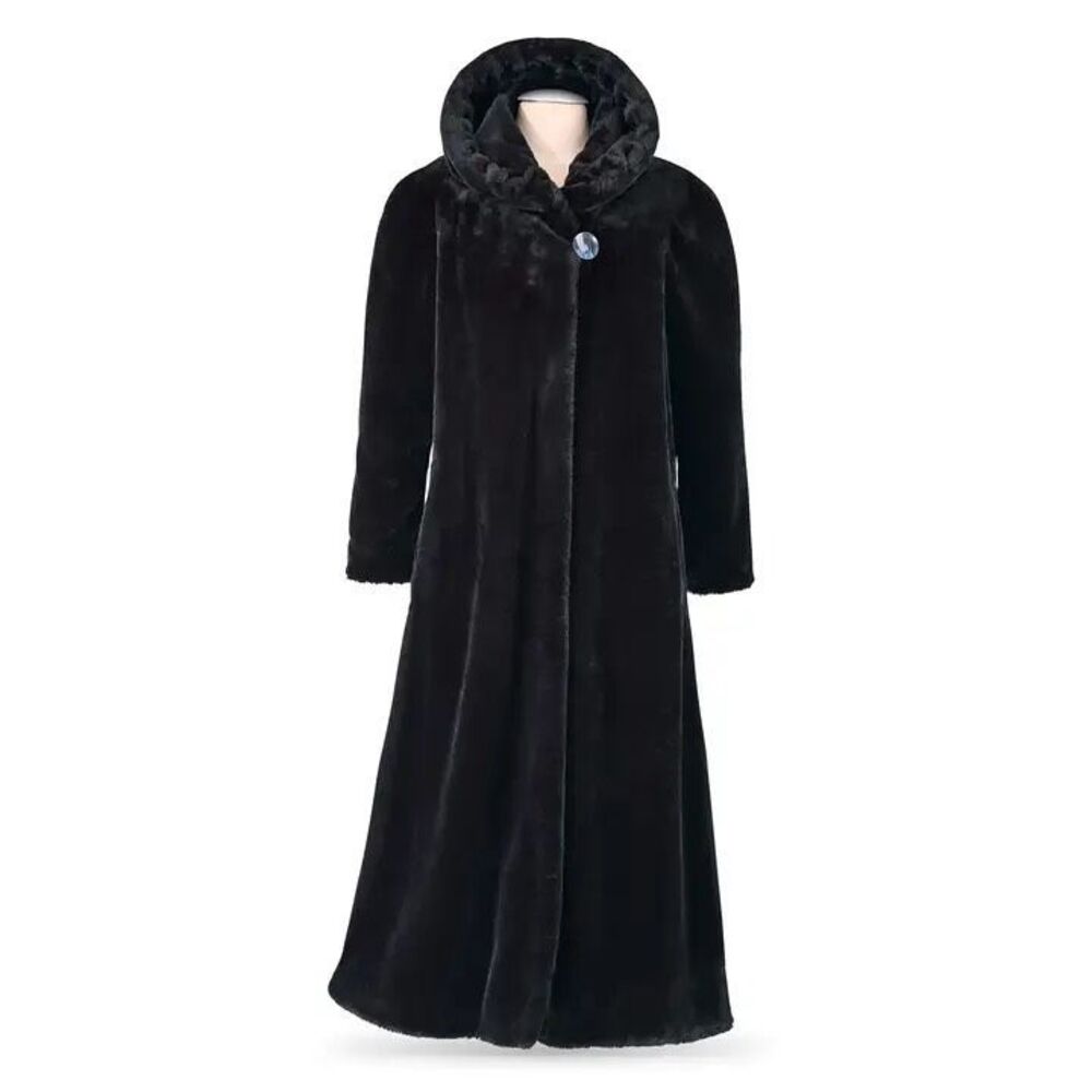 Pyramid Collection Black Faux Fur Maxi Hooded Boho Romantic Coat Women M NEW